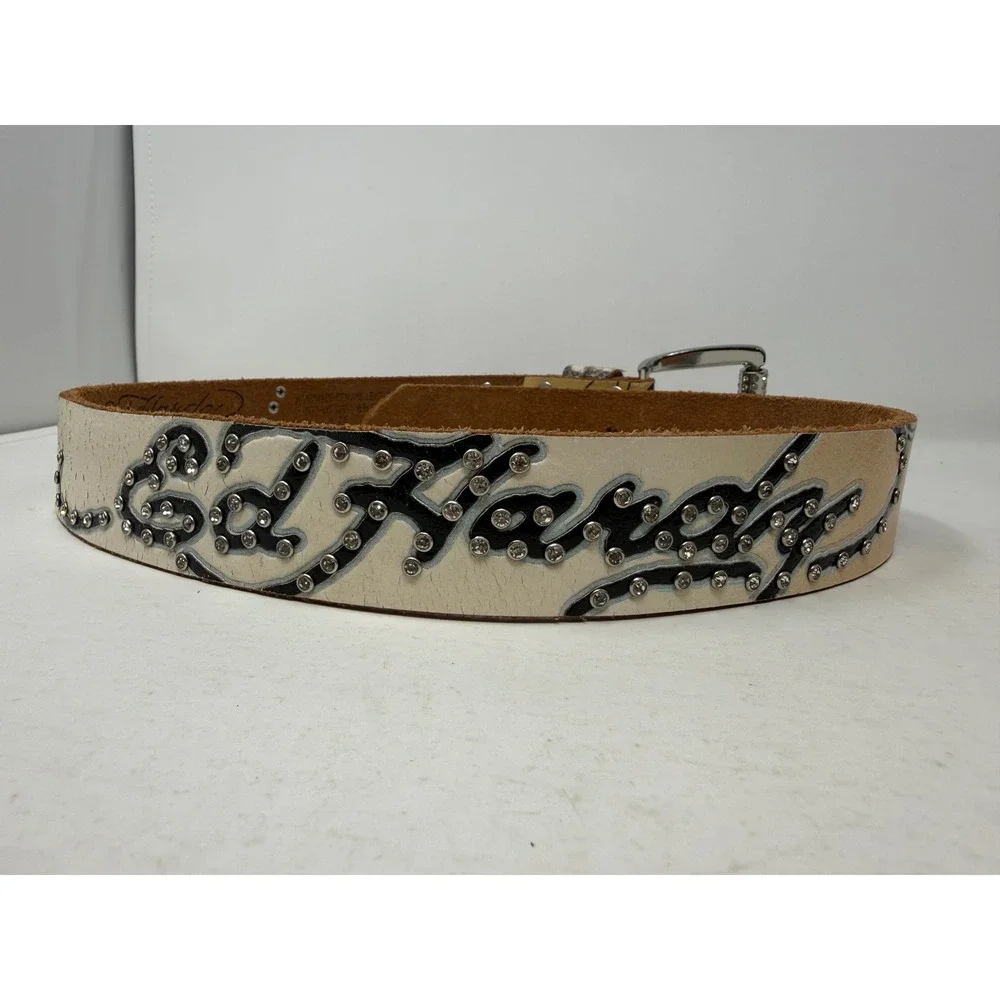 Ed Hardy Mens Dragon Tattoo Leather Belt Rhinestone Crystal White EH3243 Size S